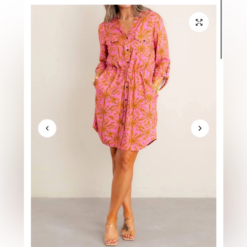 Tribal Roll-up Sleeves Mini Dress - Flamingo Pink - XL